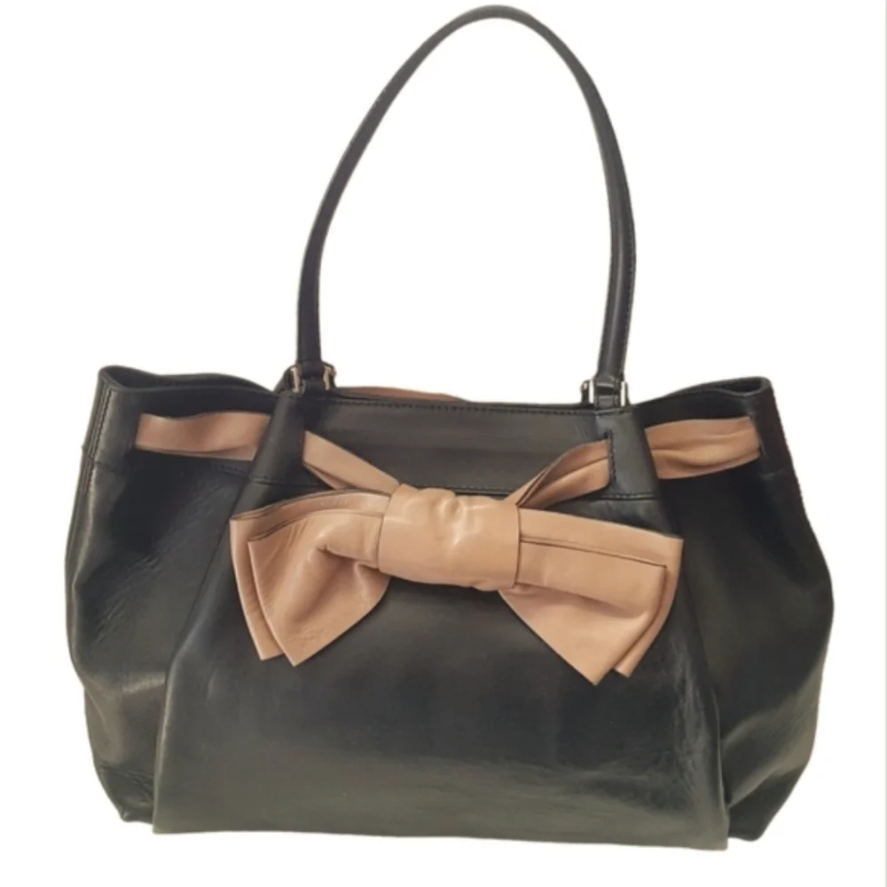 VALENTINO GARAVANI Black Leather Aphrodite Bow Tote w/Belted Tan Leather Bow